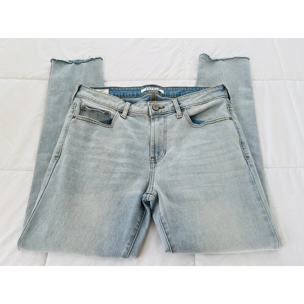Pacsun Women's Mid Rise Medium Wash Straight‎ Leg Distressed Skinny Jeans 32x32